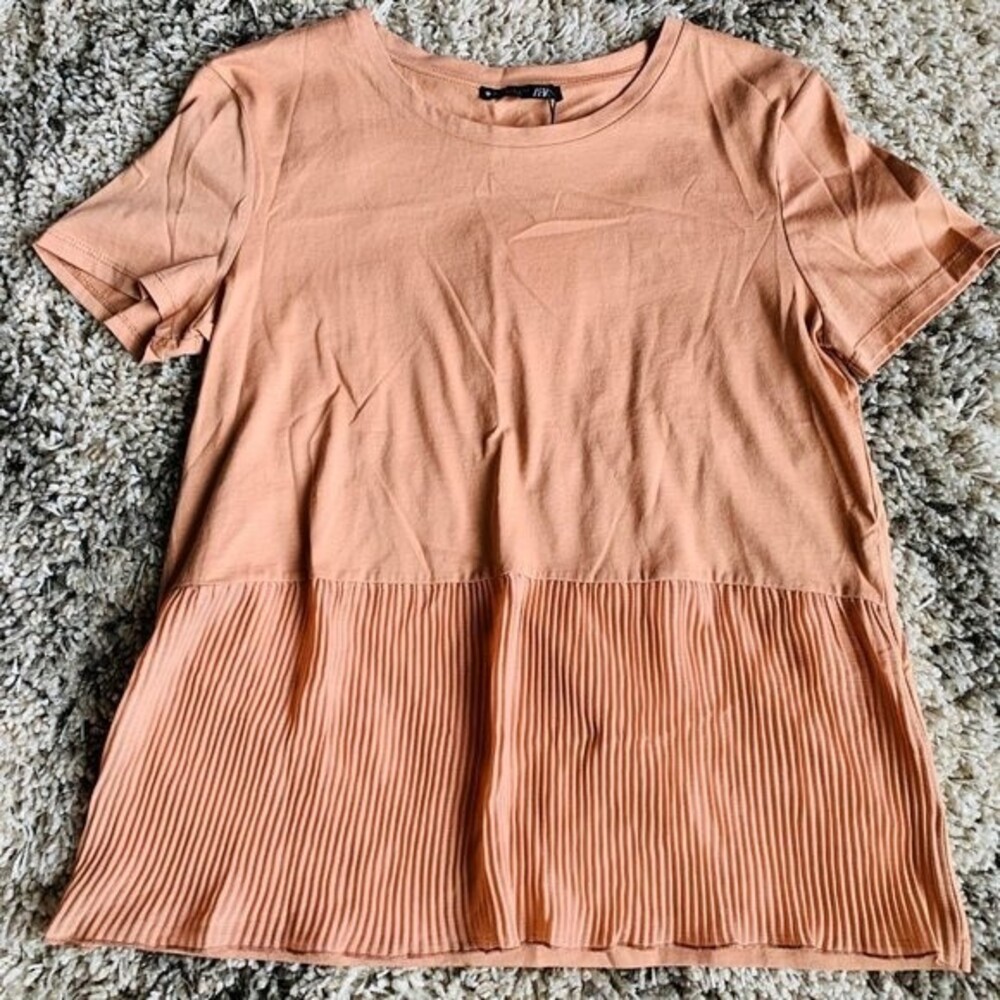 ZARA peach top short sleeve half sheer pleat on front top size S  boho normcore - Picture 6 of 9